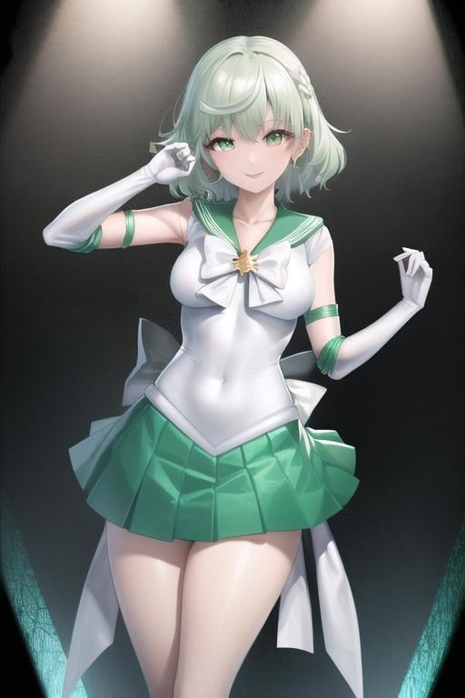 masterpiece, best quality, CG, wallpaper, HDR, high quality, high-definition, extremely detailed, green sailor outfit, (white hair), short hair, looking at viewer, smile, elbow gloves,