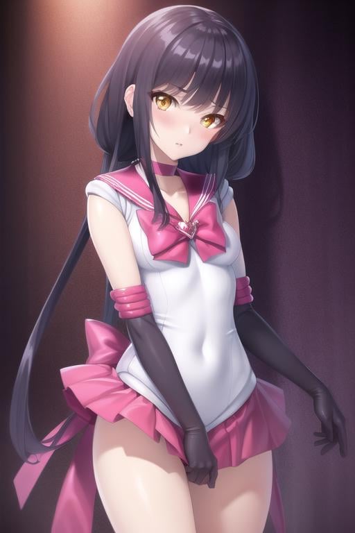 masterpiece, best quality, CG, wallpaper, HDR, high quality, high-definition, extremely detailed, pink sailor outfit, elbow gloves, black hair, yellow eyes, looking at viewer, 