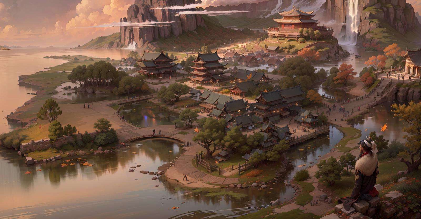 Looking down, in an autumn dusk, a young man in ancient costume riding a horse looked at the beautiful Chinese Tang Dynasty buildings in the distance. The lake rippled and the ground was covered with fallen leaves,（masterpiece,best quality,official art,extremely detailed CG unity 8k wallpaper）,<lora:ConceptScene_B:1>