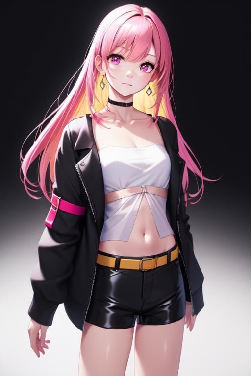 masterpiece, best quality, high quality, Mai Synth V, synthesizervmai  <lora:Mai Synthesizer V:0.6> cowboy_shot,pink hair, open black jacket, white crop top, black shorts