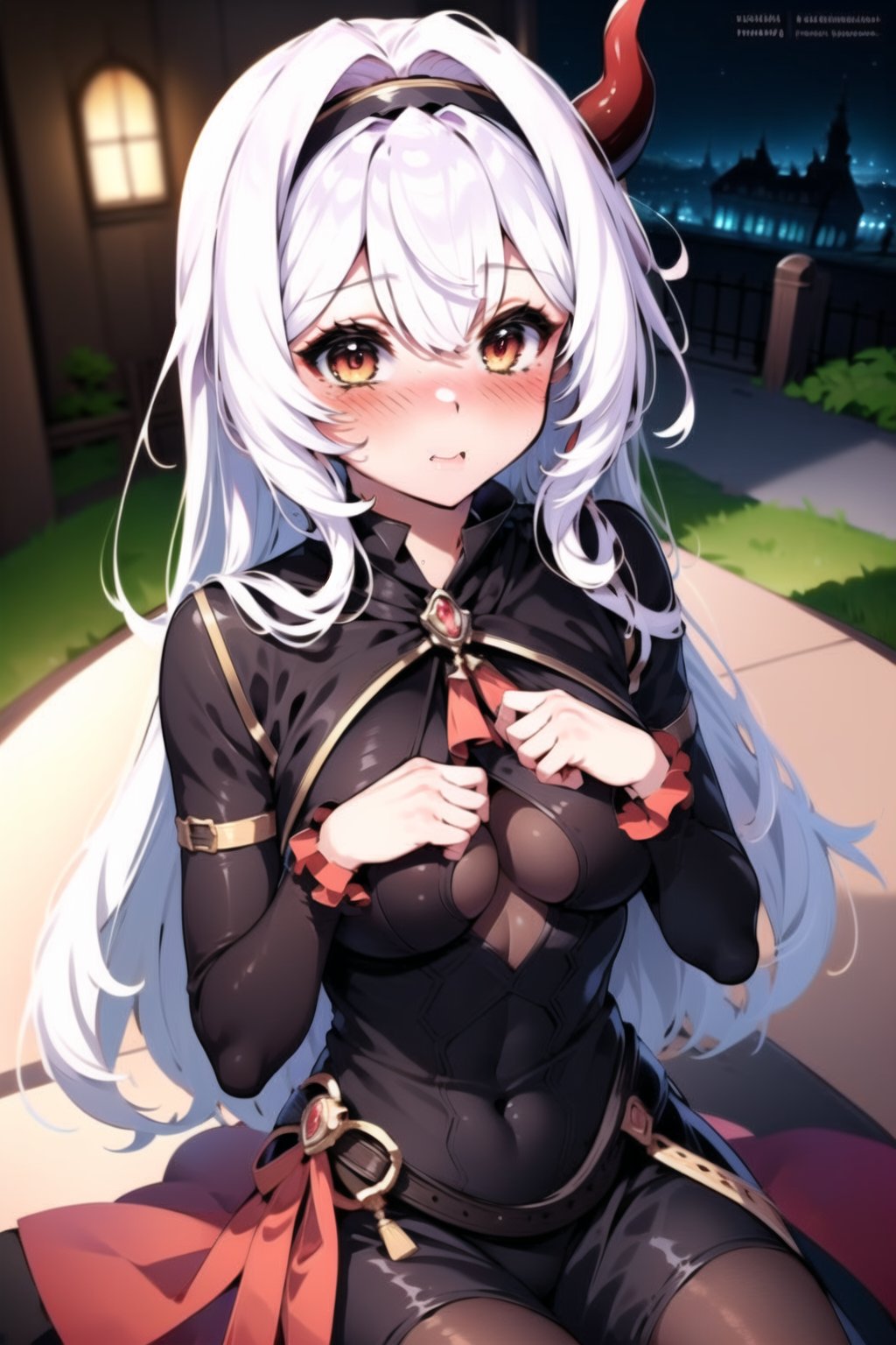 beautiful,  masterpiece,  best quality,  extremely detailed face, masterpiece, 1girl, solo female, looking at viewer, descensored, 1woman, best quality, ultra-detailed, illustration, brown eyes, red eyes, long hair, wole body, full_body, white hair, vampire, perfect hands, blush, VampirePriscilla, left horn