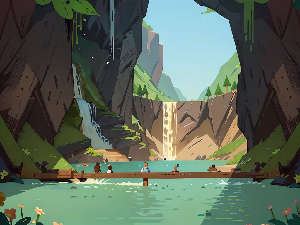 a bridge over a river in a cave like area with a waterfall,style_tombraider,aqichahua,illustration,flat color,Flat style,Masterpiece,best quality,landscape,plan,<lora:aqichahua_v3-000000:0.8>,day,sunny enough,waterfall of flowing water,溅起的水花,, Masterpiece, high-quality,