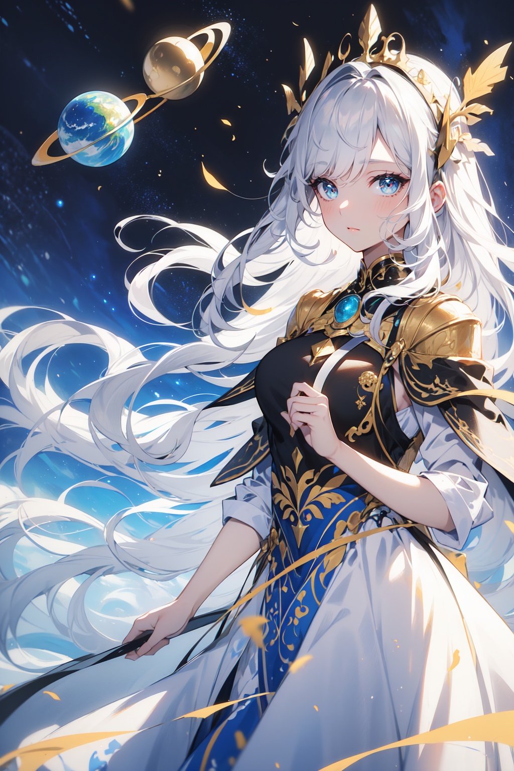 ((best quality)),((masterpiece)),((ultra-detailed)),(illustration),(detailed light),(an extremely delicate and beautiful),((a cute girl:1.2)),((cowboy shot)),standding,Starry sky adorns beautiful detailed dress,Cloak,golden {leaf-shape} headdress around two sides of head,(beautiful eyes),floating silver hair,colored inner hair,(Galaxy),(colorful (planets:1.1)),Negative space,background detailed ,<lora:白夜玫瑰:1>,