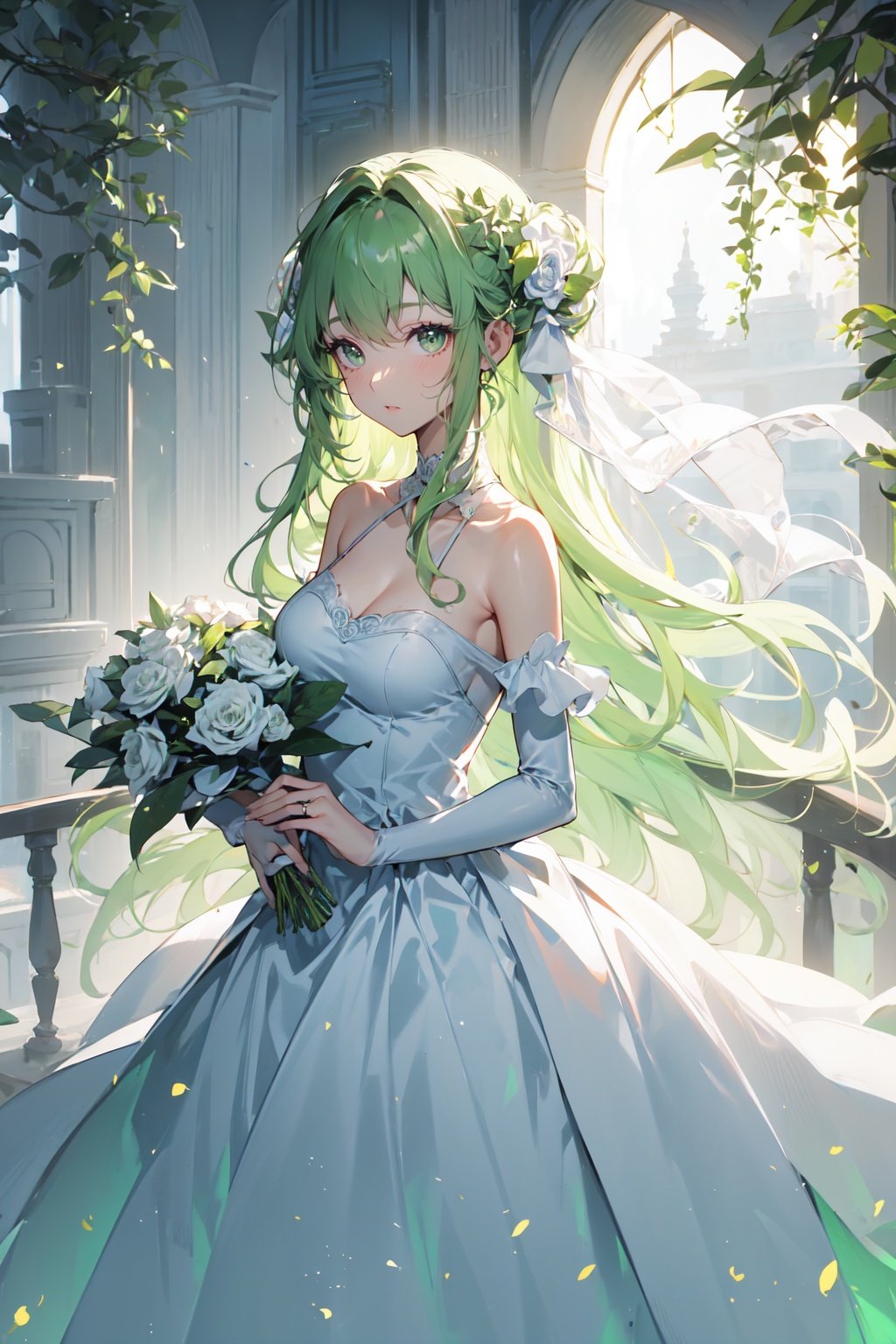 (close up),1girl,bright white hair,(haf updo),gray eyes,floating hair,(raise),night gown,(gown_\\(White and green gradient color\\):1.2:1.2),bare shoulders,wedding_dress,in palace,hall,(stair railing:1.1),sunlight,rose,ornate,(palace:1.2),moon,roman architecture,curtains,plant,8K,best,extreme details,<lora:白夜玫瑰:1>,