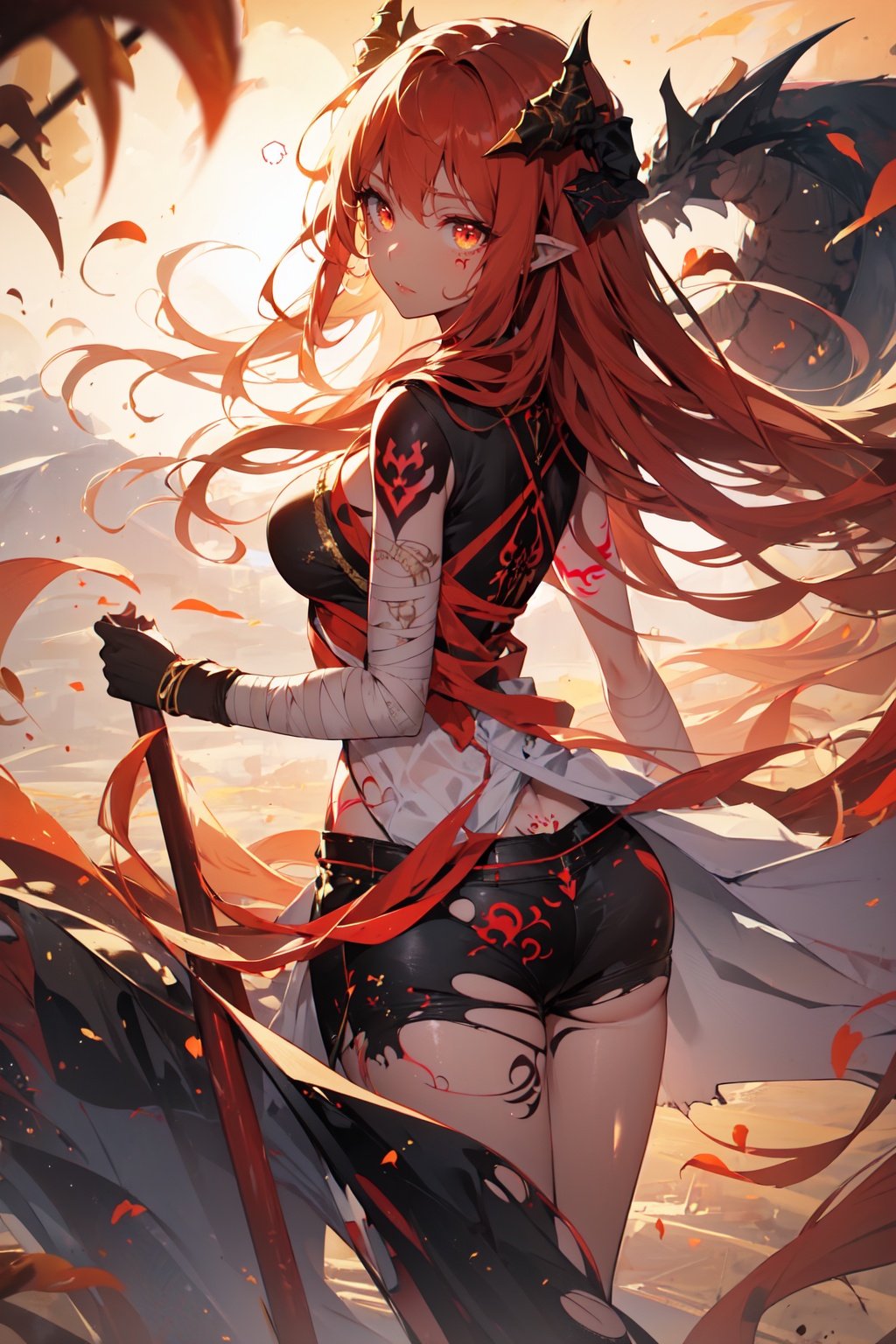 masterpiece,best quality,1girl,loli,very long and red hair,(Glowing golden eyes:1.2),dragon horns,(Dragon Apotheosis:1.2),short shorts,torn clothes,bandages,Exposed clothes,Normal chest,(tattooing:1.3),from below or from above or pov hands or looking back,(desert),spoken_question,<lora:白夜玫瑰:1>,