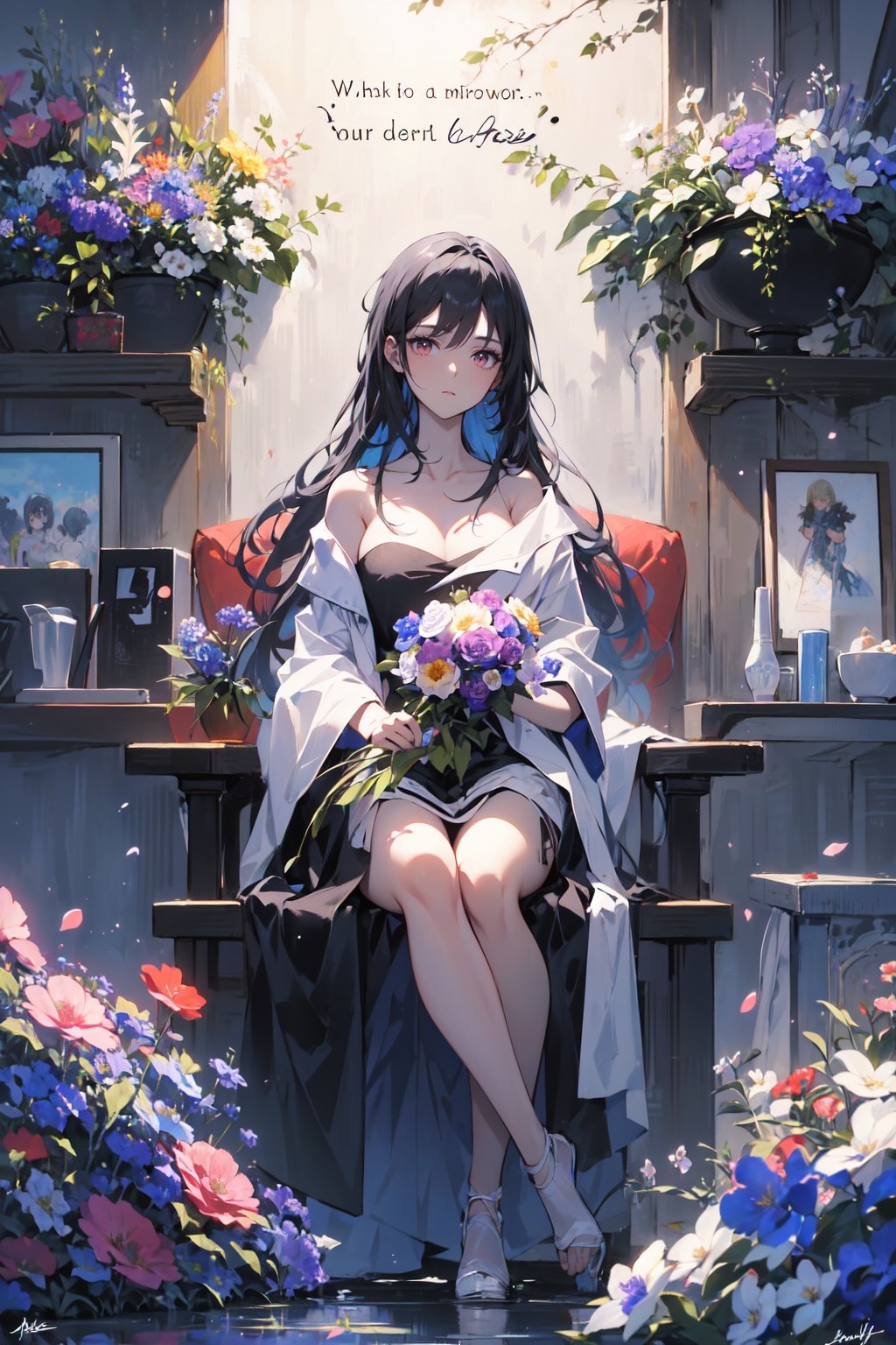 best quality,masterpiece,illustration,(reflection light),incredibly absurdres,(Movie Poster),(signature:1.3),(English text:1.3),1girl,girl middle of flower,pure skyblue hair,red eyes,clear sky,outside,collarbone,sitting,absurdly long hair,clear boundaries of the cloth,white dress,fantastic scenery,ground of flowers,thousand of flowers,colorful flowers,flowers around her,various flowers,<lora:白夜玫瑰:1>,