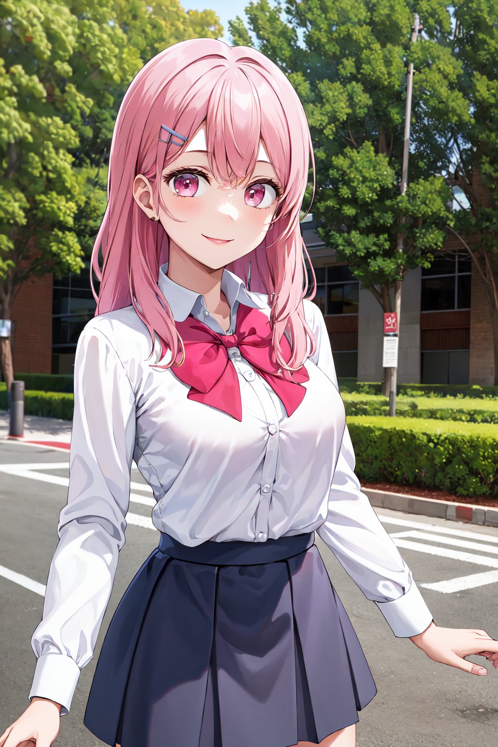 masterpiece, best quality, highres, 1girl, solo, long hair, pink hair, hairclip, bangs, pink eyes, school uniform, pink bow, white shirt, collared shirt, long sleeves, grey skirt, <lora:kotobuki_minami_v1:0.7>, standing, cowboy shot, smile, outdoor