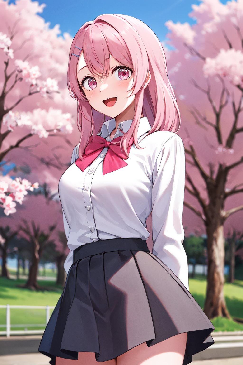 masterpiece, best quality, highres, 1girl, solo, long hair, pink hair, hairclip, bangs, pink eyes, school uniform, pink bow, white shirt, collared shirt, long sleeves, grey skirt, <lora:kotobuki_minami_v1:0.7>, arms behind back, smile, open mouth, standing, leaning forward, outdoors, cherry blossoms, cowboy shot, 