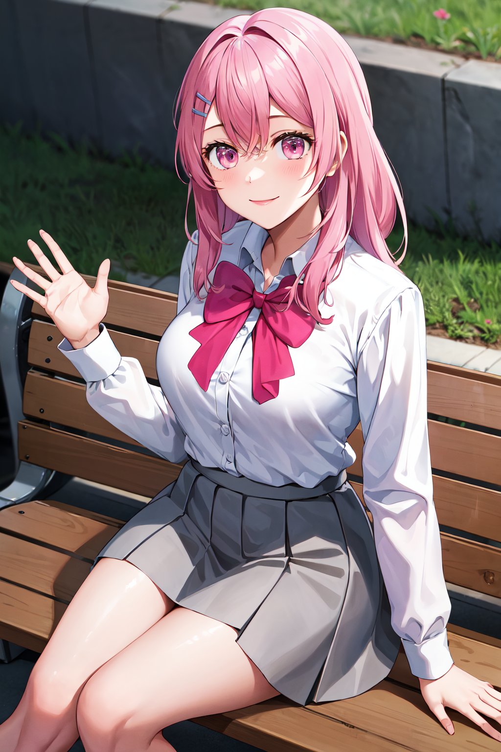 masterpiece, best quality, highres, 1girl, solo, long hair, pink hair, hairclip, bangs, pink eyes, school uniform, pink bow, white shirt, collared shirt, long sleeves, grey skirt, <lora:kotobuki_minami_v1:0.7>, waving, sitting, smile, bench