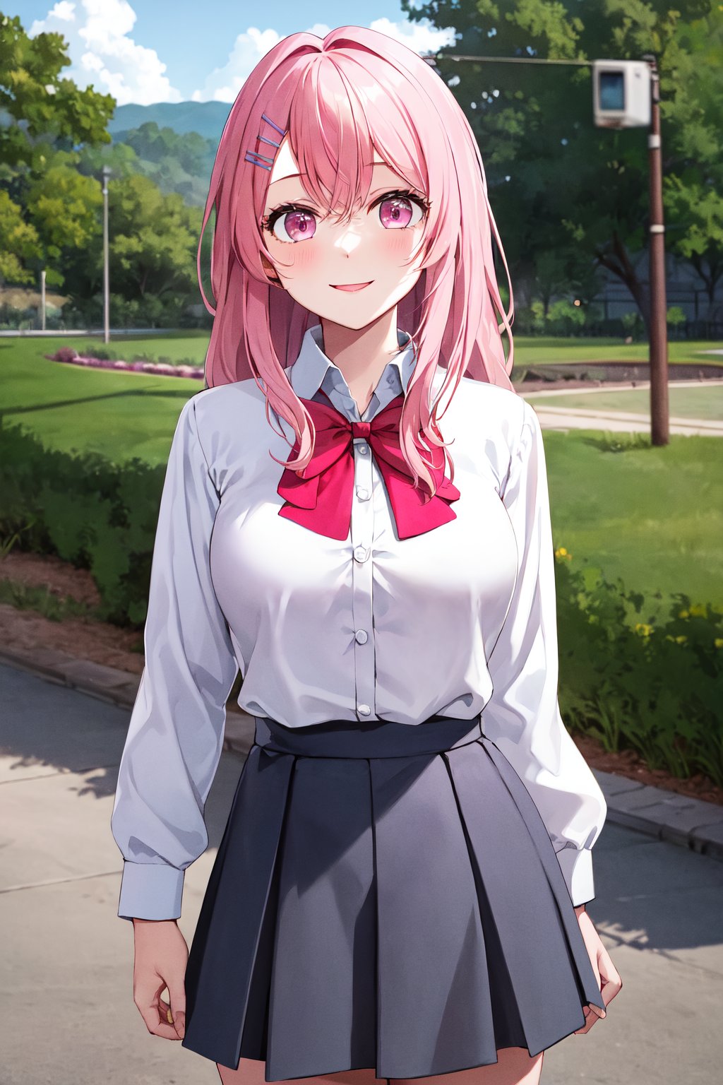 masterpiece, best quality, highres, 1girl, solo, long hair, pink hair, hairclip, bangs, pink eyes, school uniform, pink bow, white shirt, collared shirt, long sleeves, grey skirt, <lora:kotobuki_minami_v1:0.7>, standing, cowboy shot, smile, outdoor