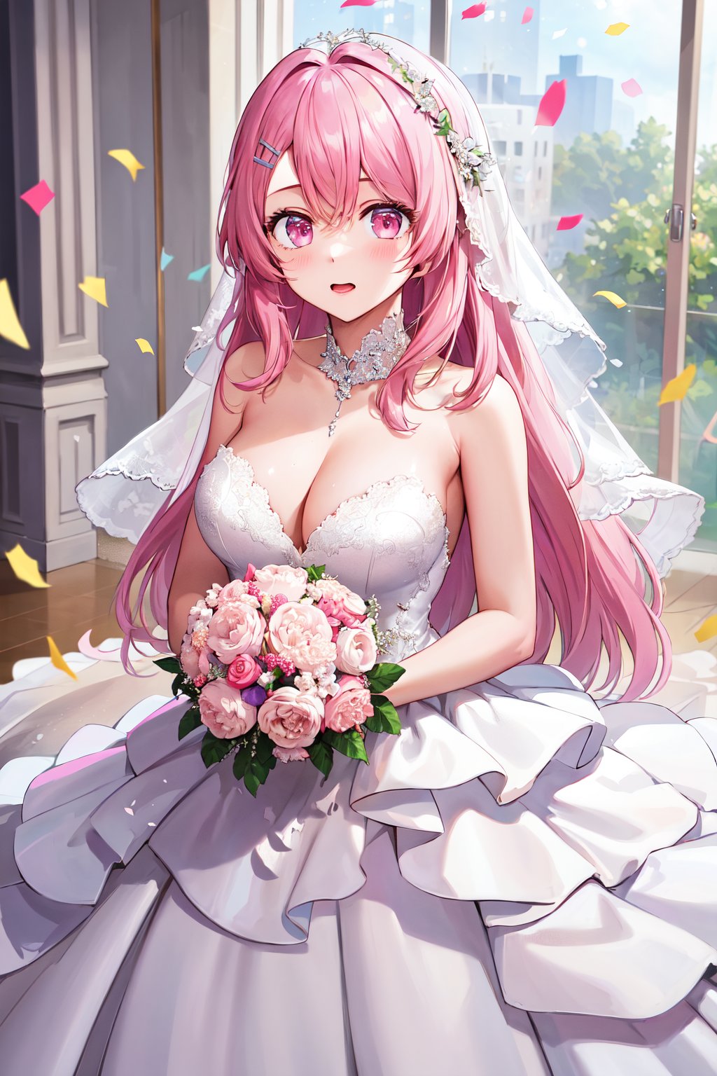 masterpiece, best quality, highres, 1girl, solo, long hair, pink hair, hairclip, bangs, pink eyes, <lora:kotobuki_minami_v1:0.7>, wedding dress, white dress, standing, holding bouquet, confetti, 