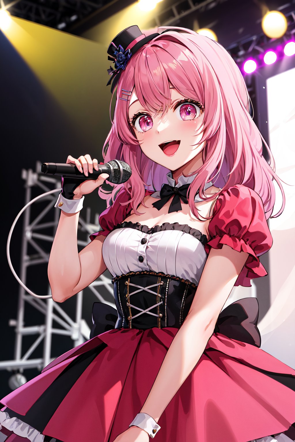 masterpiece, best quality, highres, 1girl, solo, long hair, pink hair, hairclip, bangs, pink eyes, <lora:kotobuki_minami_v1:0.7>, dress, mini hat, idol clothes, smile, open mouth, stage, holding microphone, 