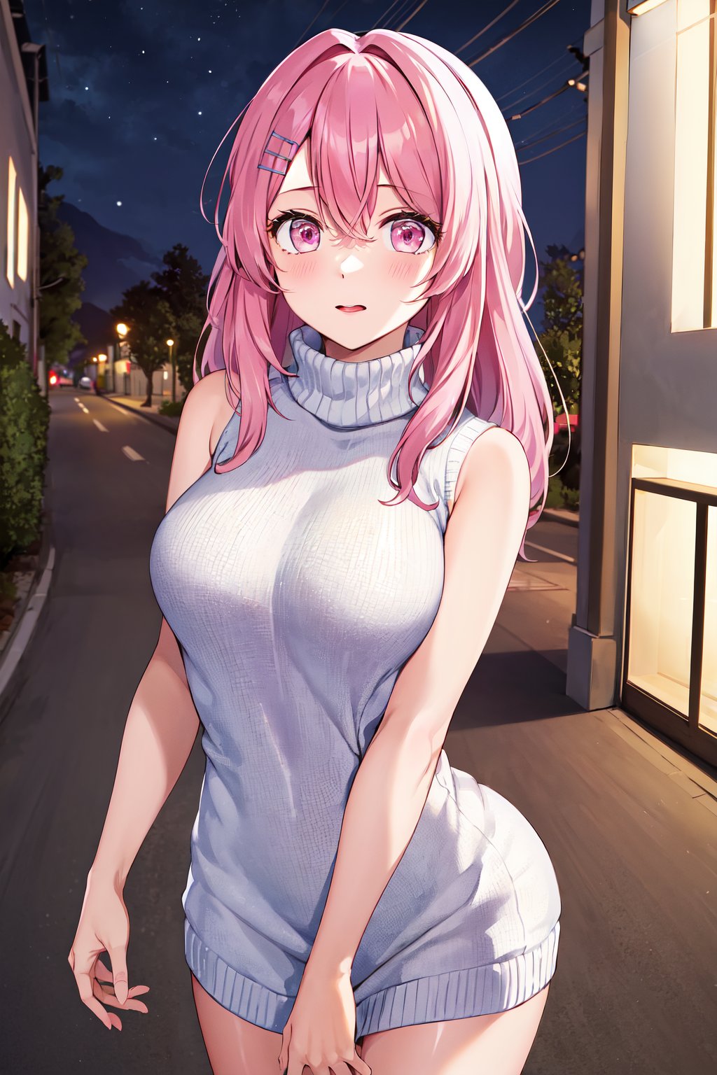 masterpiece, best quality, highres, 1girl, solo, long hair, pink hair, hairclip, bangs, pink eyes, <lora:kotobuki_minami_v1:0.7>, sweater dress, turtleneck, night, standing, cowboy shot, street, sleeveless,