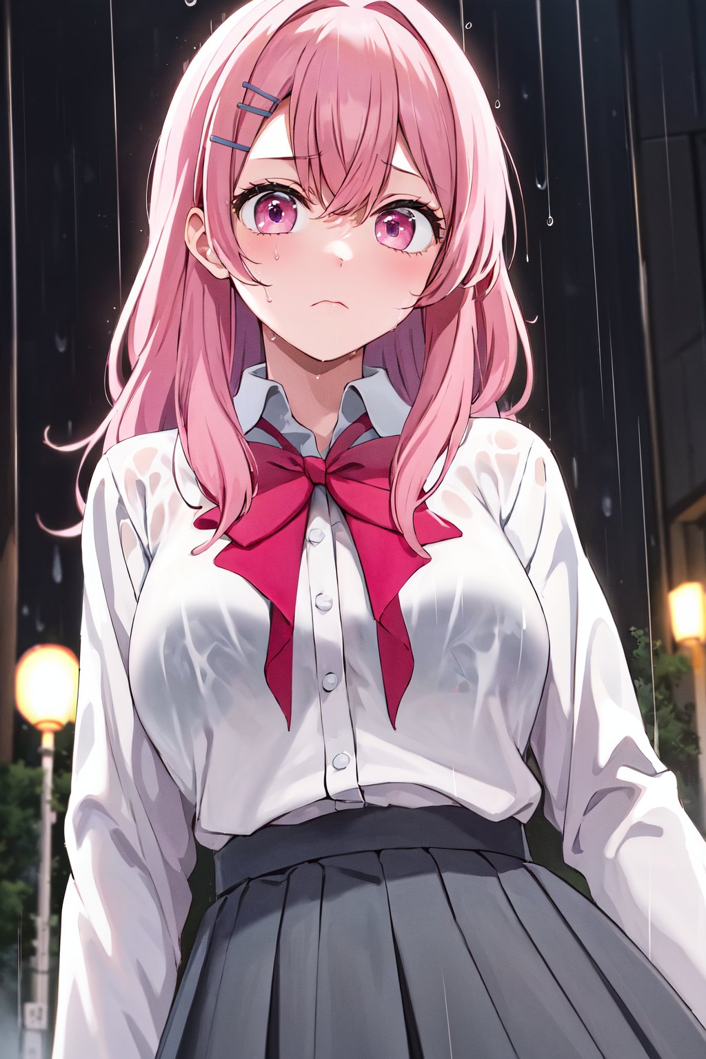 masterpiece, best quality, highres, 1girl, solo, long hair, pink hair, hairclip, bangs, pink eyes, school uniform, pink bow, white shirt, collared shirt, long sleeves, grey skirt, <lora:kotobuki_minami_v1:0.7>, (rain:1.2)m wet, frown, hand on hip, street, night