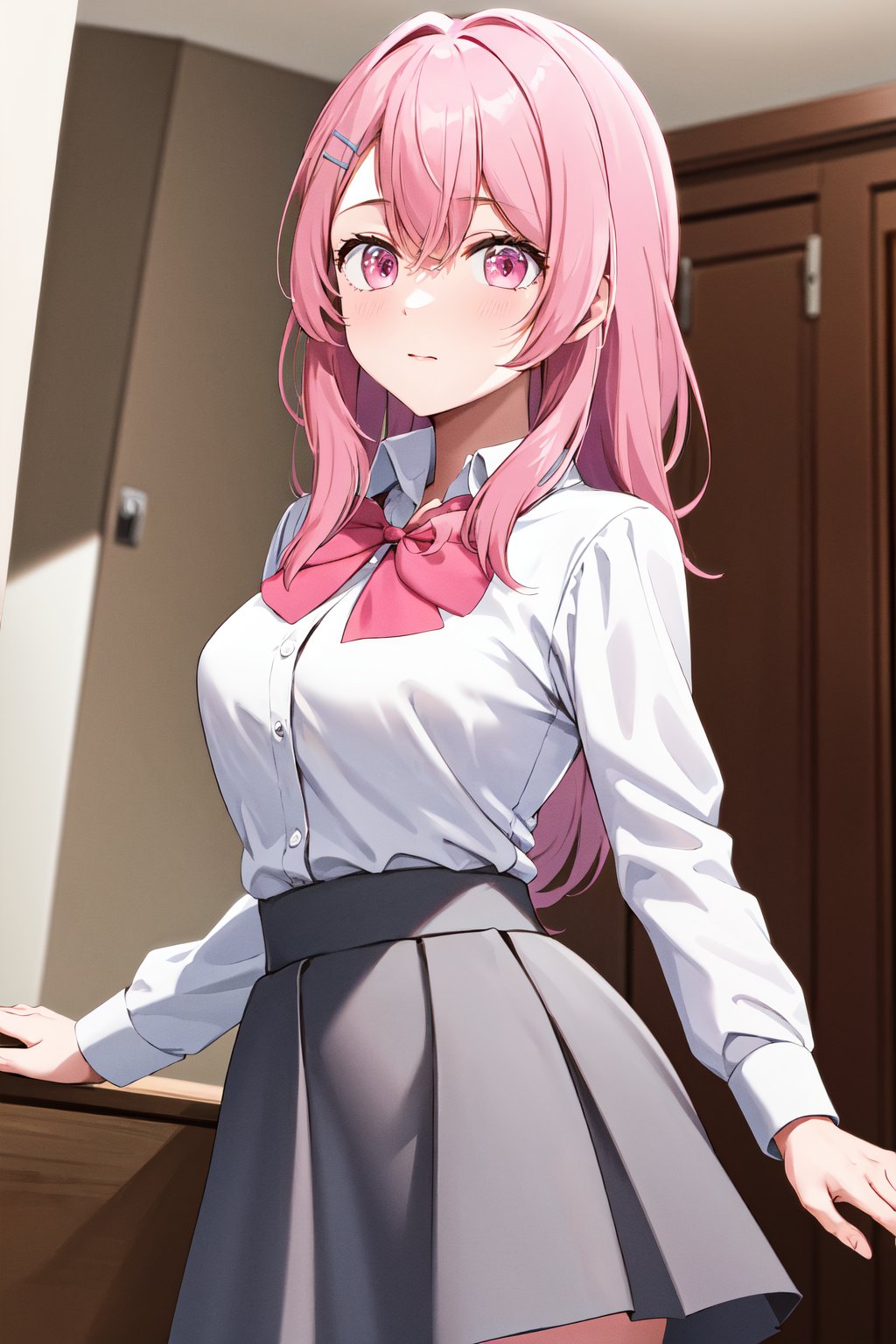 masterpiece, best quality, highres, 1girl, solo, long hair, pink hair, hairclip, bangs, pink eyes, school uniform, pink bow, white shirt, collared shirt, long sleeves, grey skirt, <lora:kotobuki_minami_v1:0.7>, standing, cowboy shot