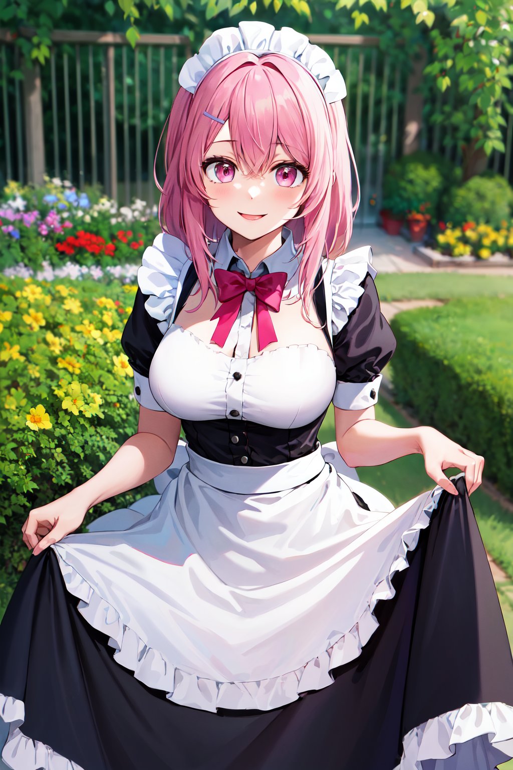 masterpiece, best quality, highres, 1girl, solo, long hair, pink hair, hairclip, bangs, pink eyes, <lora:kotobuki_minami_v1:0.7>, maid, maid headdress, dress, apron, smile, garden, skirt hold, 