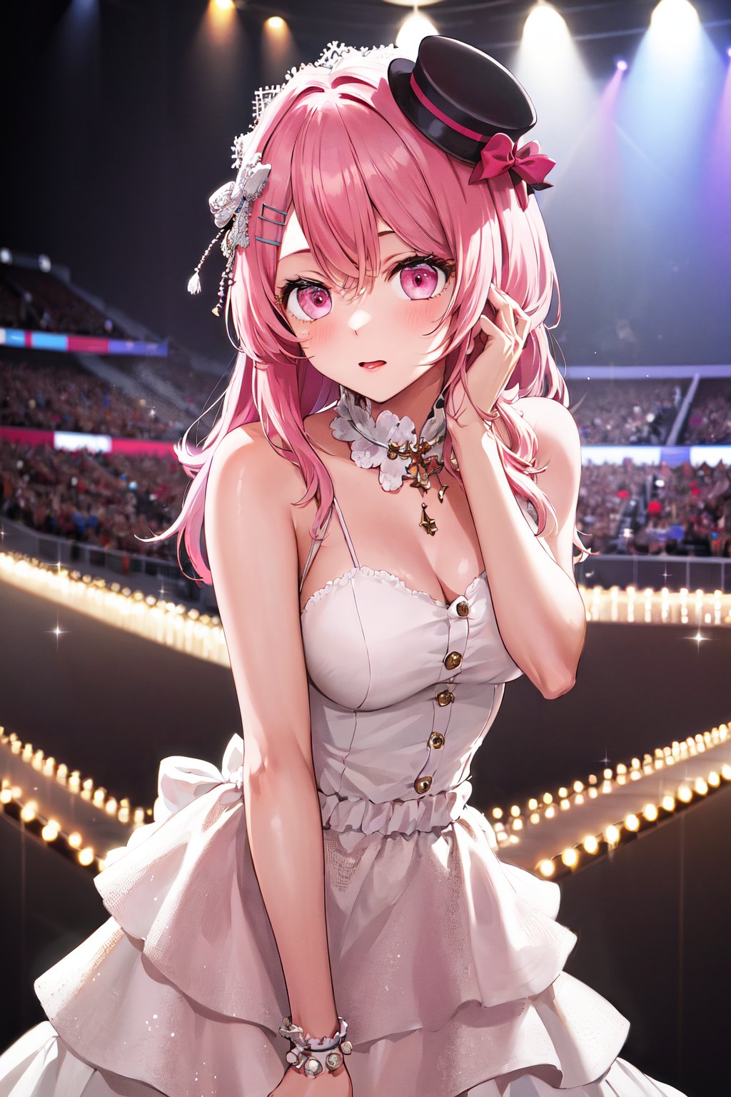 masterpiece, best quality, highres, 1girl, solo, long hair, pink hair, hairclip, bangs, pink eyes, dress, mini hat, idol clothes <lora:kotobuki_minami_v1:0.7>, stage,