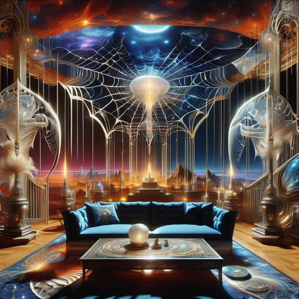 ((best quality)), ((masterpiece)), ((realistic,digital art)), (hyper detailed),DonMC0sm1cW3bXL,cosmic web,Shielded Charm Warded Fortress, Ancient Statue,Shower Curtain,Chair,Phoenix Feathers, Tapestry with Velvet Pile tapestry,Travertine stone,Bamboo Flooring, Gas Lanterns, Chandeliers, fantasy, <lora:DonMC0sm1cW3bXL-000009:1>