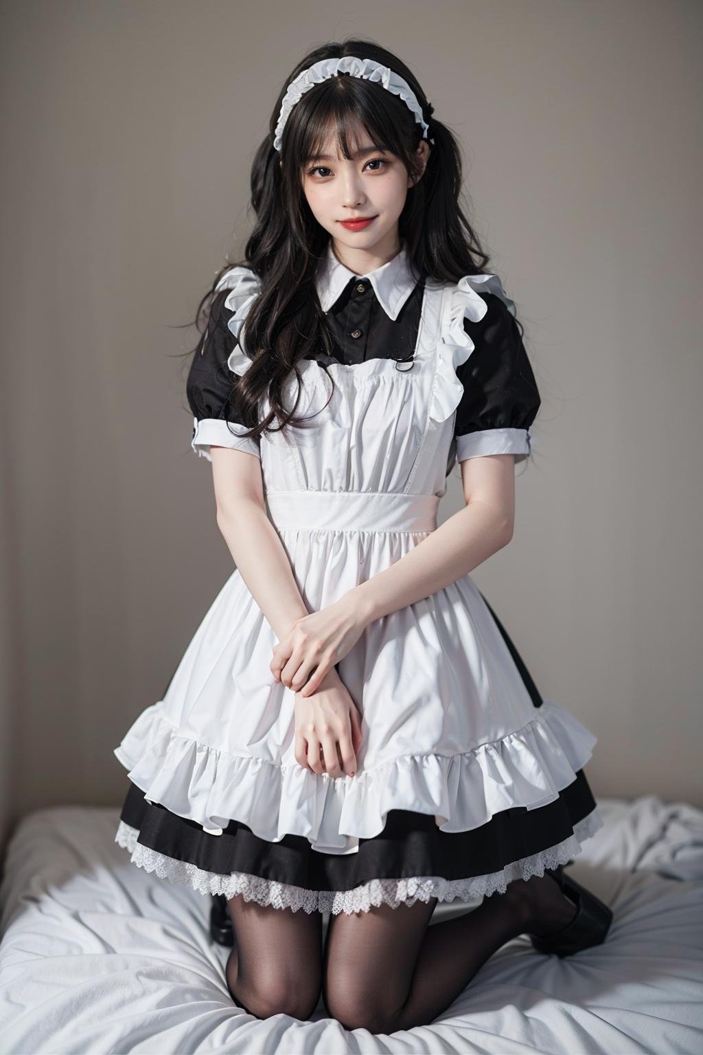best quality, quality, masterpiece, photorealistic, kneeling, 1girl, solo, full body, maid attire, black pantyhose, high heels, simple background, <lora:maid_attire_v2:0.65>