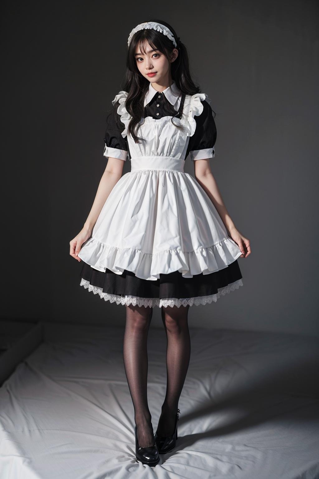 best quality, quality, masterpiece, photorealistic, standing, 1girl, solo, full body, maid attire, black pantyhose, high heels, simple background, <lora:maid_attire_v2:0.65> 