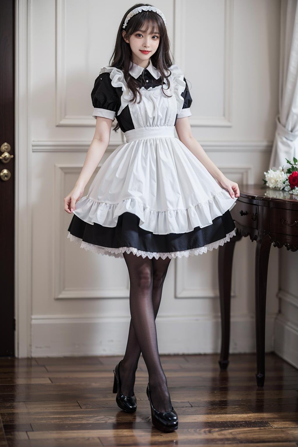 best quality, quality, masterpiece, photorealistic, 1girl, solo, full body, maid attire, black pantyhose, high heels, detailed background, indoors, palace, luxury decorations, <lora:maid_attire_v2:0.65>