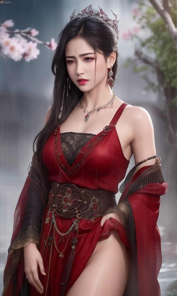 (,1girl, ,best quality, )<lora:DA_黎苏苏-黑服-长月烬明:0.8>,, ,ultra realistic 8k cg, flawless,  tamari \(flawless\), professional artwork, famous artwork, cinematic lighting, cinematic bloom, perfect face, beautiful face, fantasy, dreamlike, unreal, science fiction,  luxury, jewelry, diamond, pearl, gem, sapphire, ruby, emerald, intricate detail, delicate pattern, charming, alluring, seductive, erotic, enchanting, hair ornament, necklace, earrings, bracelet, armlet,halo,masterpiece, fantasy, realistic,science fiction,mole, ultra realistic 8k cg, ,tamari \(flawless\),  medium breasts,cherry blossoms,wet clothes,lace, lace trim,   lace-trimmed legwear,(((Best quality, masterpiece, ultra high res, (photorealistic:1.4), raw photo, 1girl, wet clothes, rain, sweat, ,wet, )))   (()), (),