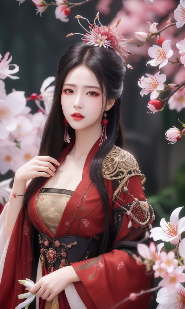 (,1girl, ,best quality, )<lora:DA_黎苏苏-黑服-长月烬明:0.7>,, ,masterpiece, fantasy, realistic,science fiction,mole, ultra realistic 8k cg, ,tamari \(flawless\),  medium breasts  ,spider lily, lily \(flower\),cherry blossoms,plum blossoms, strawberry blossoms      (()), (),