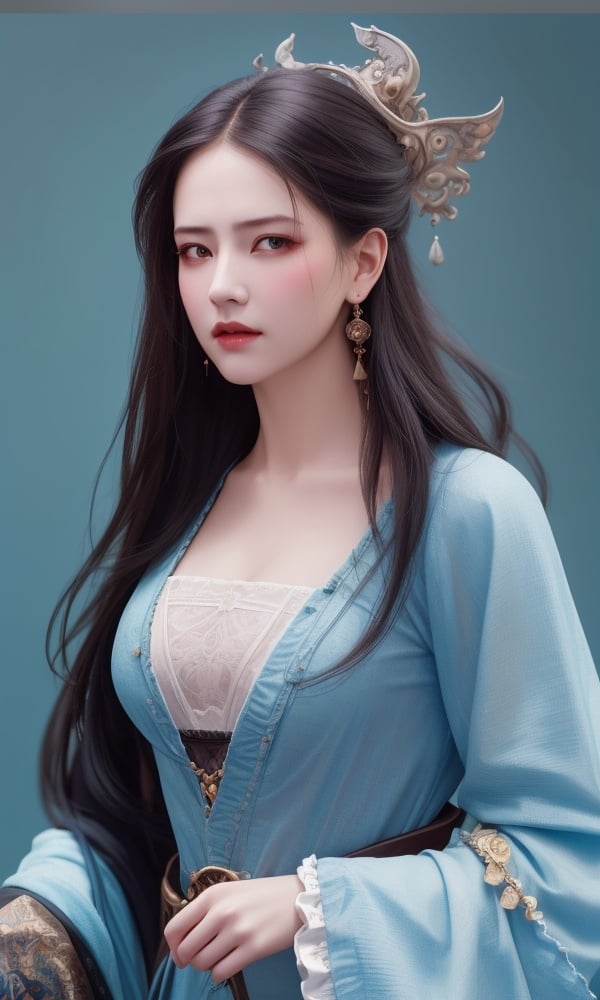 (,1girl, ,best quality, )<lora:DA_黎苏苏-黑服-长月烬明:0.7>,, ,masterpiece,realistic photo, 1 girl, masterpiece, rococo, highest quality, high quality,  medium breasts, cute, (__camAngles__:1.0),highres,  medium breasts, by Jeremy Lipking, by Antonio J. Manzanedo,solid blue background.       (()), (),