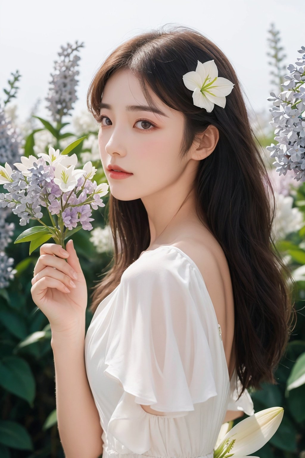  Bestquality, masterpiece, 1girl, beautiful_face, eyebrows_visible_through_hair, lily_\(flower\), dress, holding_flower, from_side, sparkling dress, Giant clove flower, Lilac flower, Lilac flower