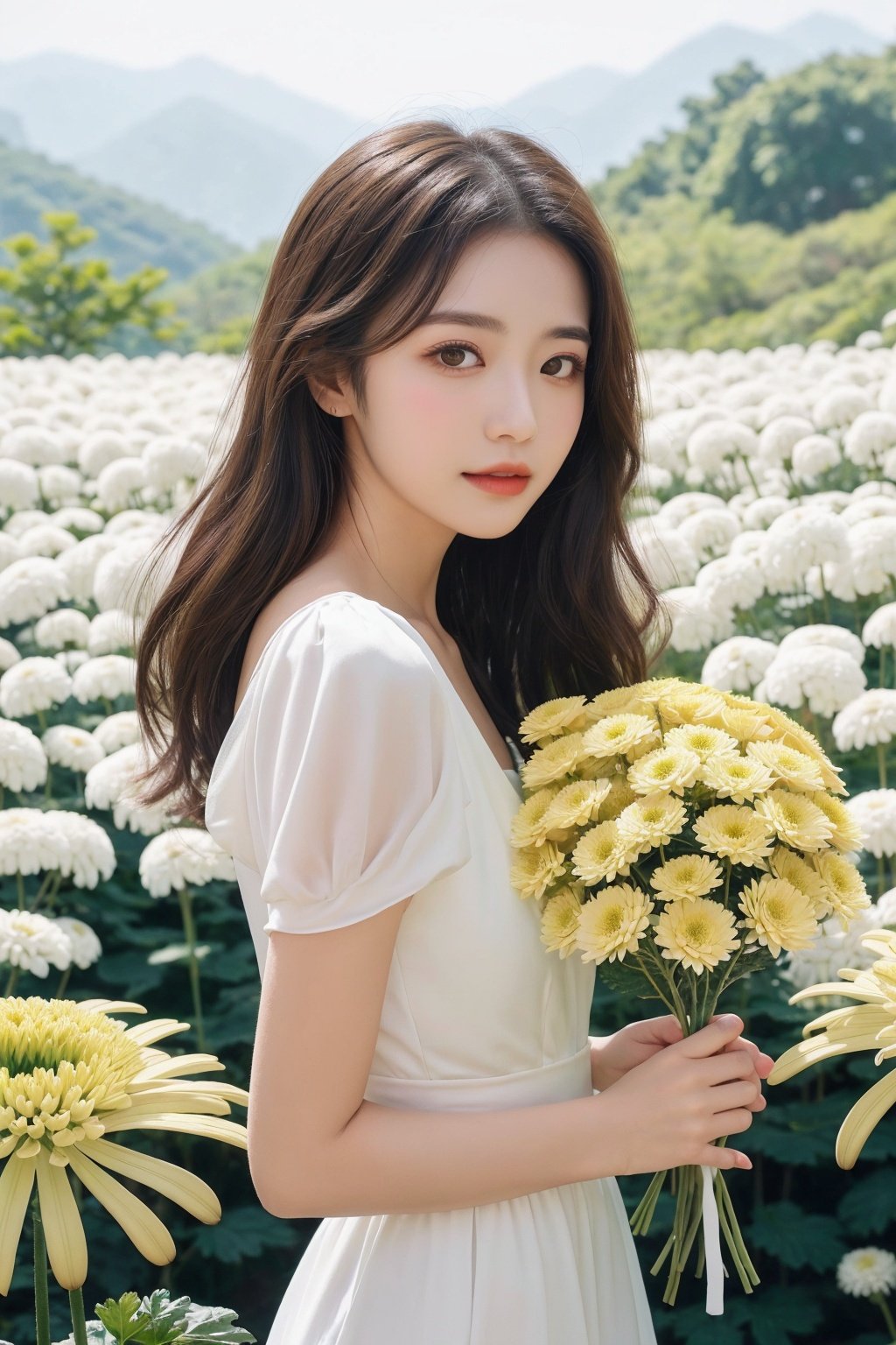  Bestquality, masterpiece, 1girl, beautiful_face, eyebrows_visible_through_hair, lily_\(flower\), dress, holding_flower, from_side, sparkling dress,Giant chrysanthemums, Chrysanthemum, Chrysanthemum