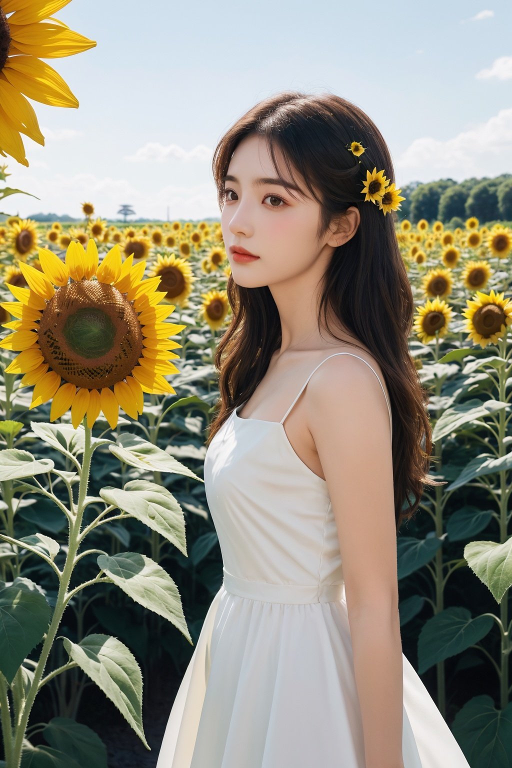  Bestquality, masterpiece, 1girl, beautiful_face, eyebrows_visible_through_hair, lily_\(flower\), dress, holding_flower, from_side, sparkling dress,A giant sunflower, Luminescence, Huge, Sunflower, Sunflower