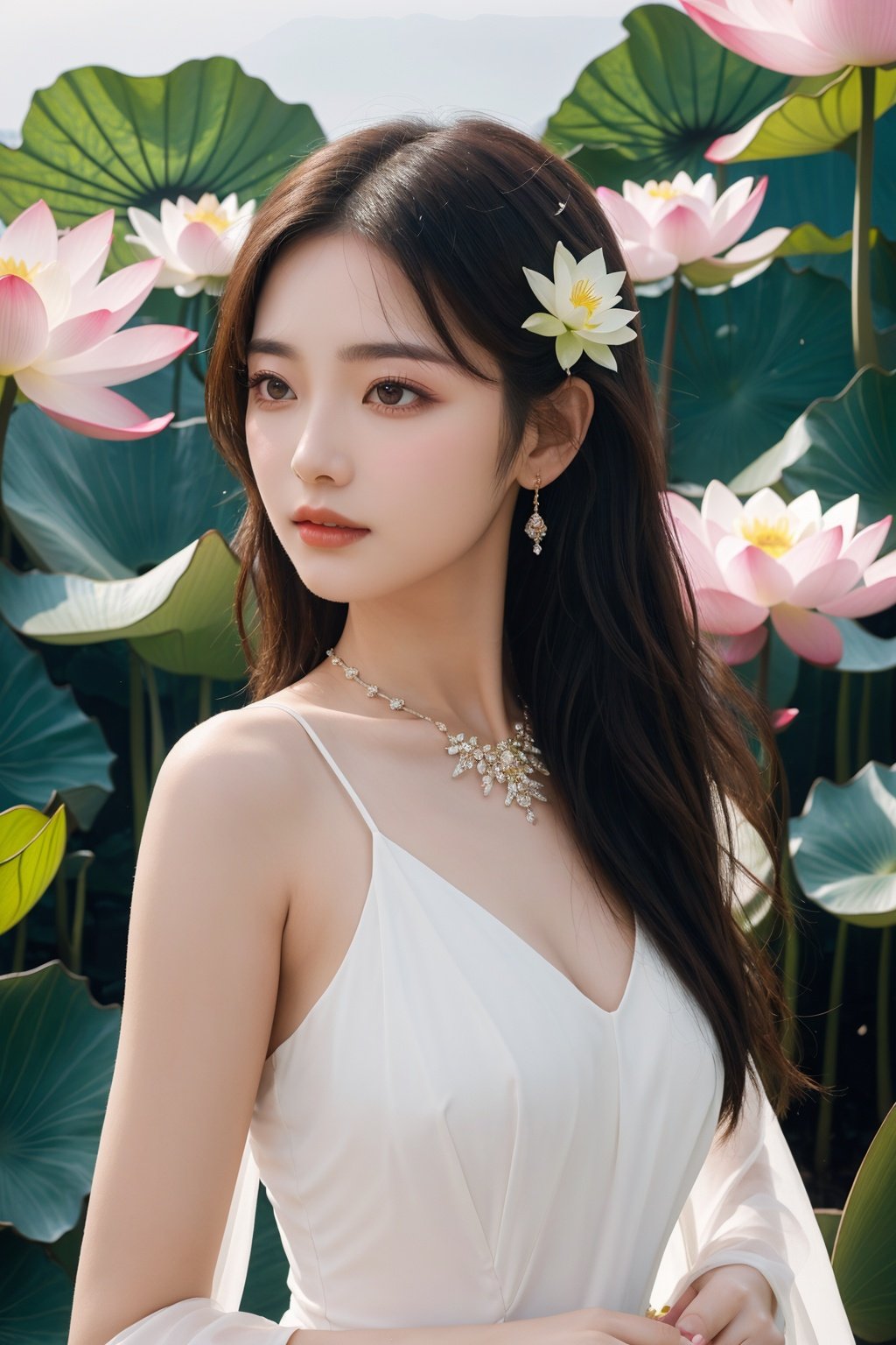  Bestquality, masterpiece, 1girl, beautiful_face, eyebrows_visible_through_hair, lily_\(flower\), dress, holding_flower, from_side, sparkling dress, A giant lotus, Lotus, Lotus, Luminescence, Huge