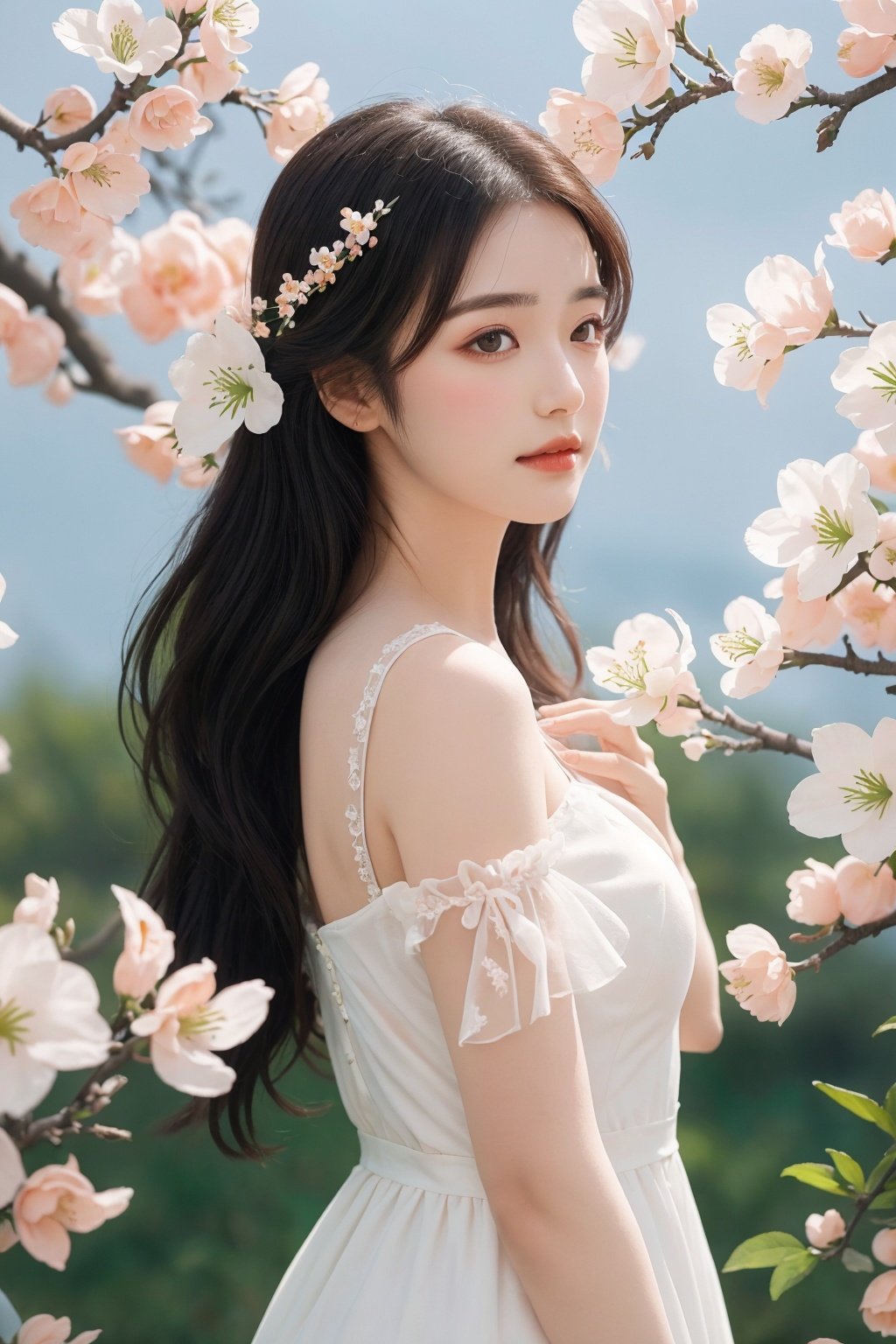  Bestquality, masterpiece, 1girl, beautiful_face, eyebrows_visible_through_hair, lily_\(flower\), dress, holding_flower, from_side, sparkling dress,Huge peach blossoms, Peach blossom, Peach blossom