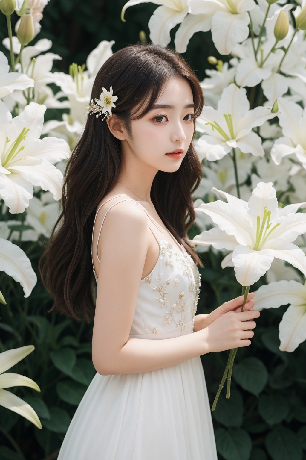  Bestquality, masterpiece, 1girl, beautiful_face, eyebrows_visible_through_hair, lily_\(flower\), dress, holding_flower, from_side, sparkling dress,YUNY