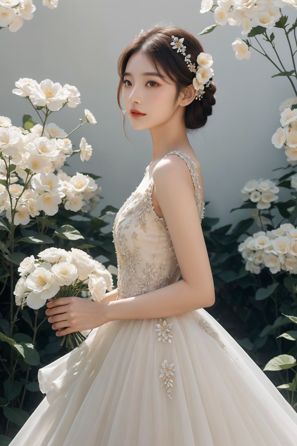  Bestquality, masterpiece, 1girl, beautiful_face, eyebrows_visible_through_hair, lily_\(flower\), dress, holding_flower, from_side, sparkling dress,YUNY