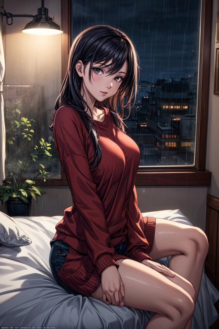 masterpiece, best quality, 8k, artstation, wallpaper, official art, splash art, sharp focus, beautiful woman, wearing comfy clothes. sitting by window, looking out window, at night. rainy night. ((in cozy bedroom)), (solo) <lora:more_details:1> 