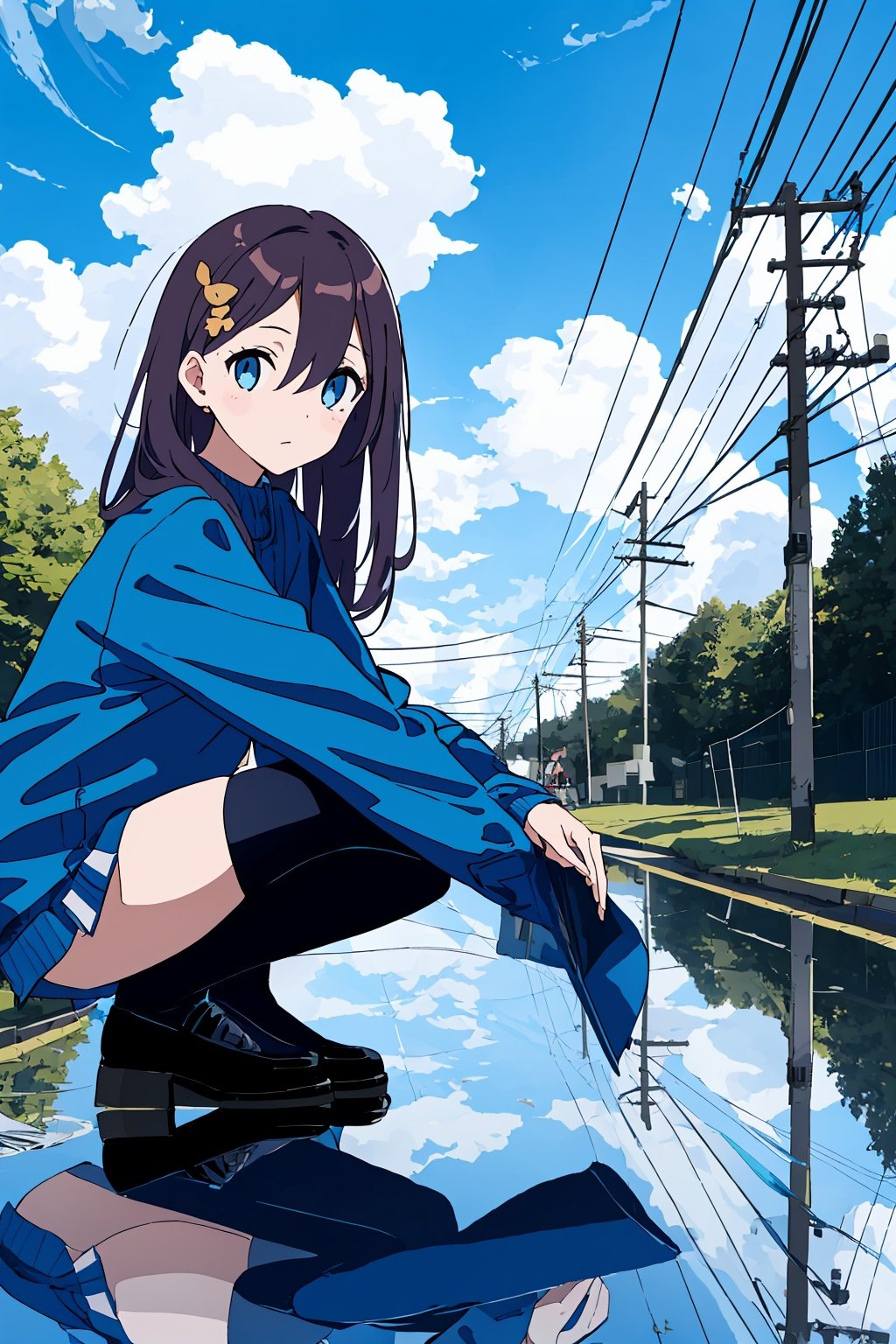  lowangle, 1girl, reflection, long hair,sky, thighhighs, cloud, looking at viewer, outdoors, black footwear, blue eyes, bangs, long sleeves, squatting, reflective floor, power lines, red thighhighs, shoes, hair between eyes, hair ornament, black thighhighs, full body, cloudy sky, reflective water, shirt, utility pole, day, sleeves past wrists, blue sky