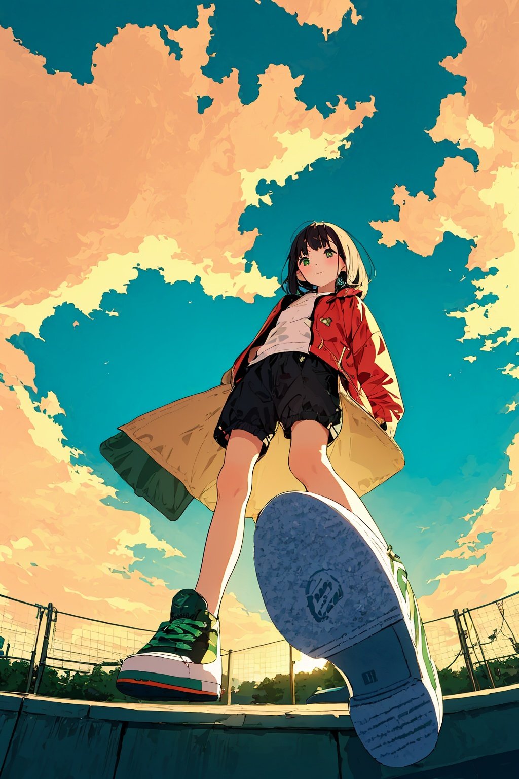  from very below shot,1girl,lowangle,sky,cloud,full body, (green:1.2),shoe sole,