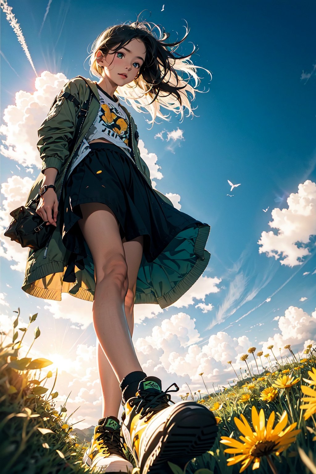  from very below shot,1girl,lowangle,sky,cloud,grass,blurry foreground, full body, (green:1.2),sun,(dandelion:1.1),shoe sole,