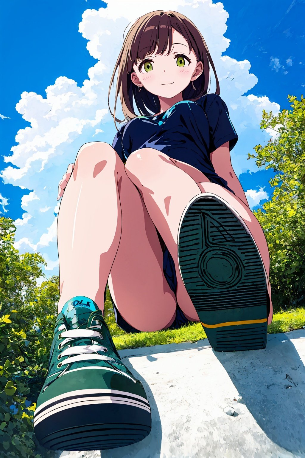  from very below shot,1girl,lowangle,sky,cloud,full body, (green:1.2),shoe sole,