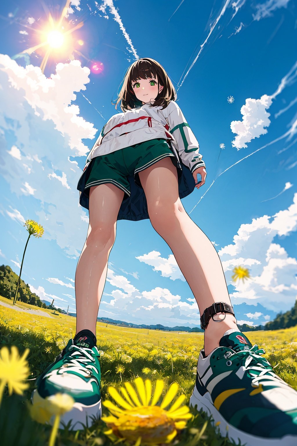  from very below shot,1girl,lowangle,sky,cloud,grass,blurry foreground, full body, (green:1.2),sun,(dandelion:1.1),shoe sole,