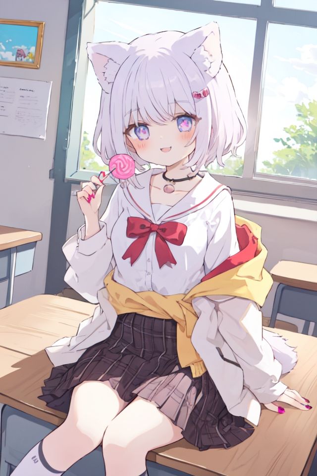 star_\(symbol\), star_hair_ornament, plaid, dog_tail, plaid_skirt, animal_ears, nail_polish, dog_ears, food, lollipop, clothes_around_waist, skirt, tail, 1girl, school_desk, candy, desk, hair_ornament, sitting, dog_girl, classroom, holding_candy, on_desk, holding_lollipop, sitting_on_desk, pink_nails, shirt, solo, holding, smile, red_nails, holding_food, indoors, purple_nails, eyebrows_visible_through_hair, bow, collarbone, window, white_shirt, white_hair, kneehighs, bangs, pleated_skirt <lora:kawaii-000010:1>