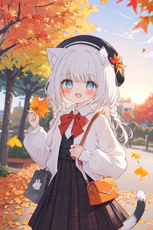 autumn, autumn_leaves, holding_leaf, leaf, maple_leaf, 1girl, falling_leaves, ginkgo_leaf, plaid, animal_ears, sunset, plaid_dress, braid, blurry, blurry_background, bag, animal_ear_fluff, solo, hat, depth_of_field, blurry_foreground, smile, long_hair, black_bow, cat_ears, shoulder_bag, plaid_skirt, holding, bow, long_sleeves, sweet_potato, beret, open_mouth, blush, tail, orange_sky, blue_eyes, wings, outdoors <lora:kawaii-000010:1>