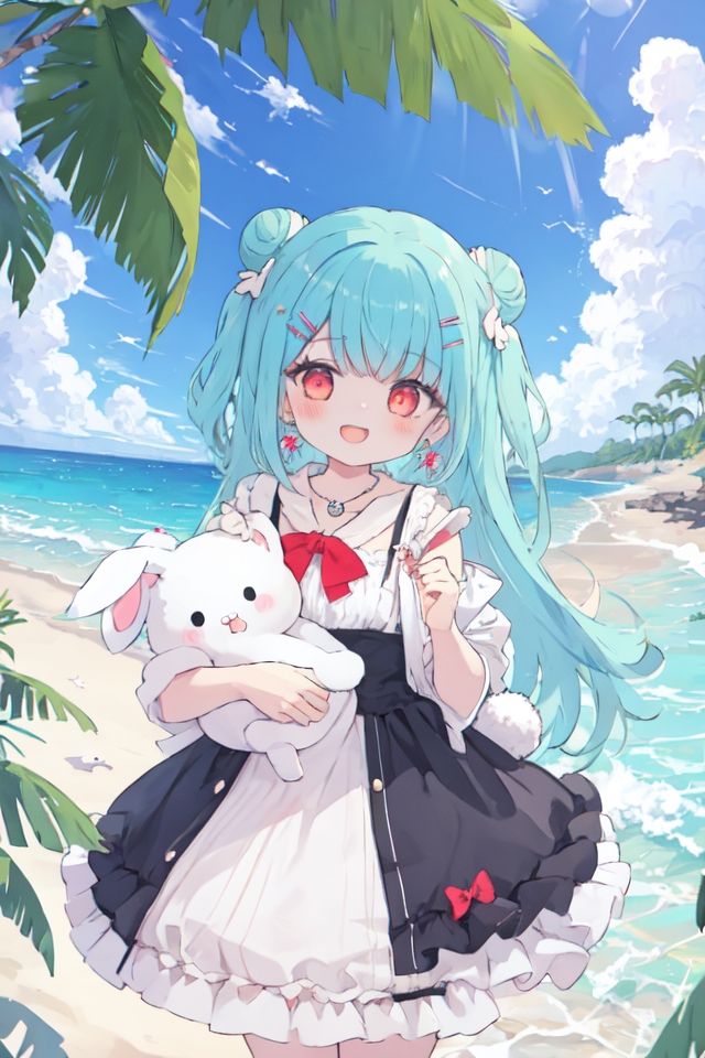 1girl, earrings, stuffed_toy, stuffed_animal, jewelry, ocean, sky, blue_sky, bandages, cloud, beach, long_hair, hairclip, hair_ornament, smile, day, open_mouth, double_bun, outdoors, palm_tree, dress, red_eyes, two_side_up, water, stuffed_bunny, horizon <lora:kawaii-000010:1>