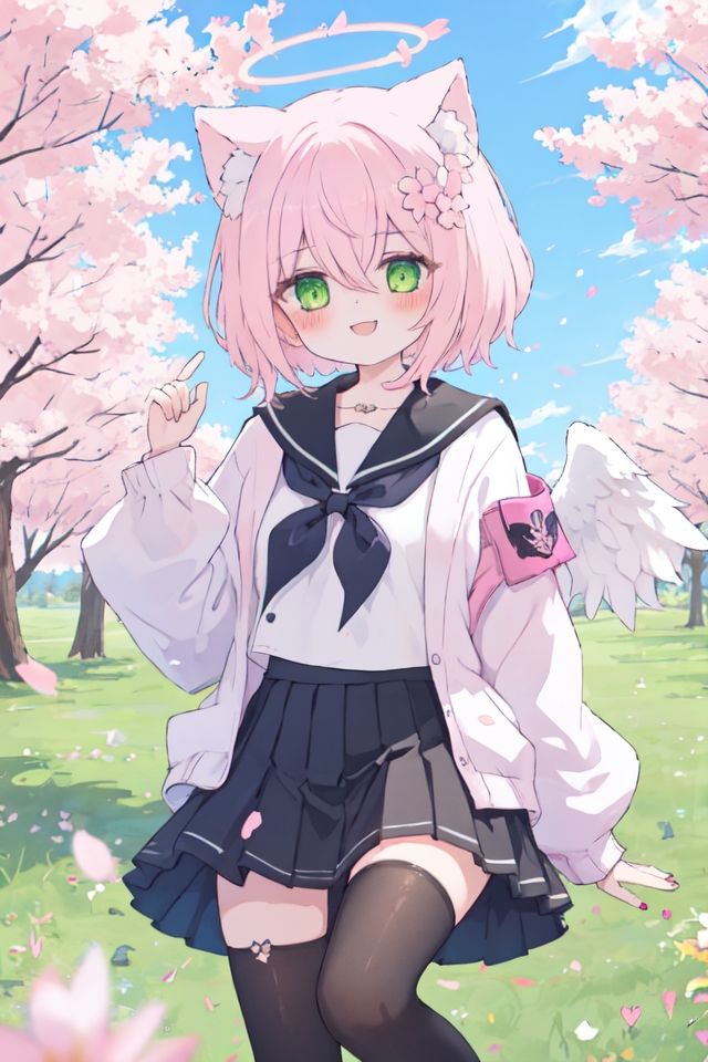 feathered_wings, wings, angel_wings, petals, cherry_blossoms, white_wings, animal_ears, 1girl, heterochromia, thighhighs, skirt, grass, sailor_collar, pink_wings, smile, angel, on_grass, pink_skirt, flower, cardigan, hair_ornament, falling_petals, solo, serafuku, pink_hair, white_sailor_collar, pleated_skirt, halo, hair_between_eyes, hair_flower, green_eyes, black_legwear, sleeves_past_wrists, nail_polish, pink_flower, shirt, open_clothes, long_sleeves, school_uniform, blush, eyebrows_visible_through_hair, animal_ear_fluff, <lora:kawaii-000010:1>