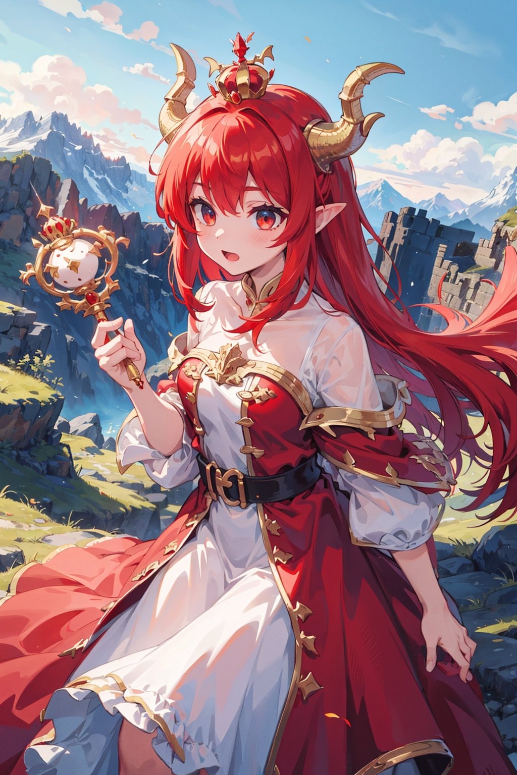 1girl, red_hair, dragon_ears, confident,castle, mountains, dragons,(dress/scales/golden), crown, scepter