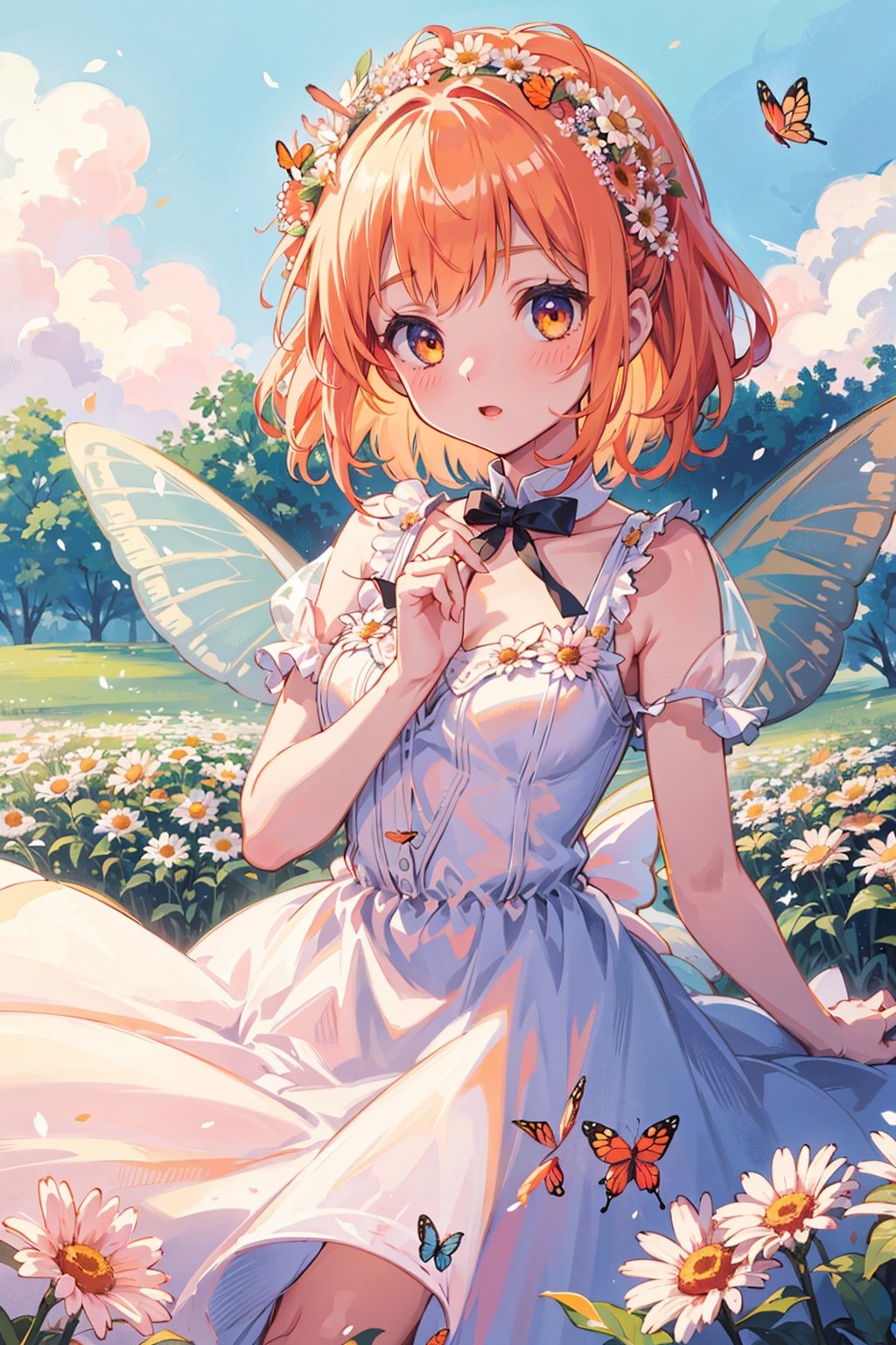 1girl, peach_hair, butterfly_wings, dreamy, flower_field, daisies, daybreak, (dress/airy/soft_orange), ribbon_headband