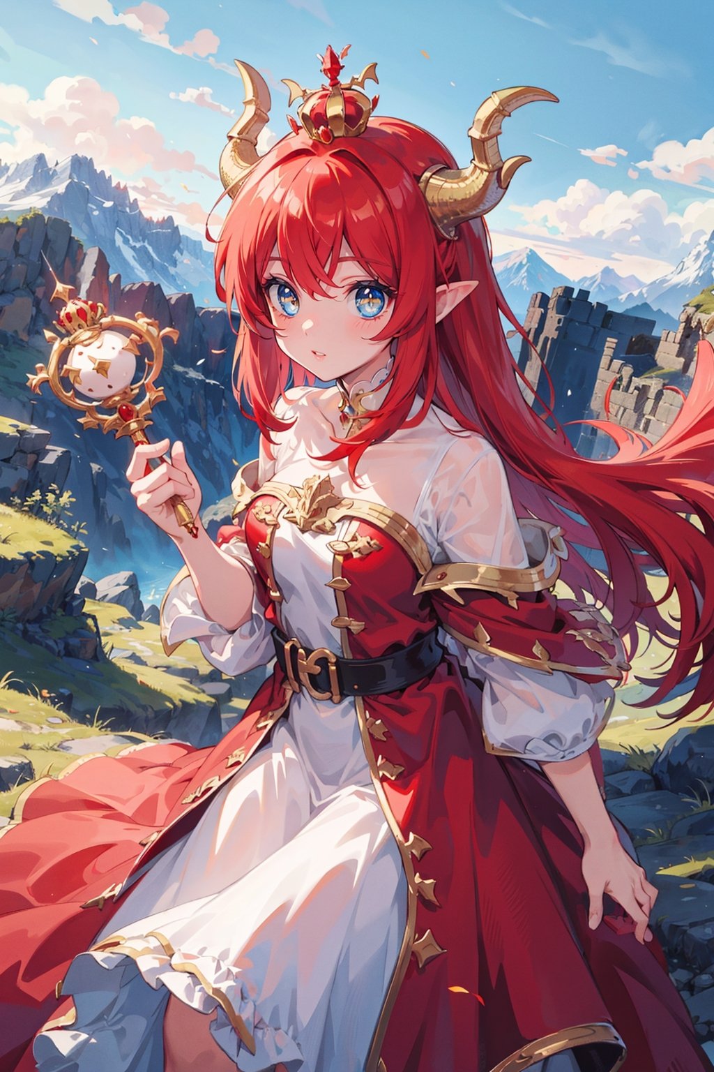 1girl, red_hair, dragon_ears, confident,castle, mountains, dragons,(dress/scales/golden), crown, scepter