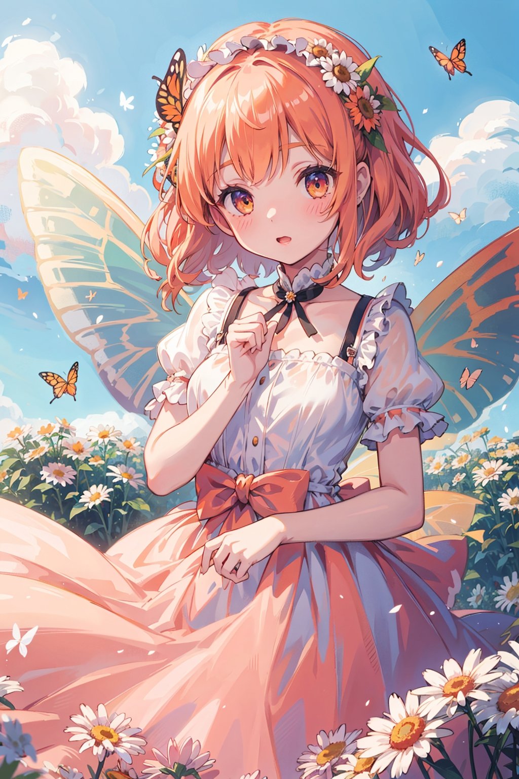 1girl, peach_hair, butterfly_wings, dreamy, flower_field, daisies, daybreak, (dress/airy/soft_orange), ribbon_headband