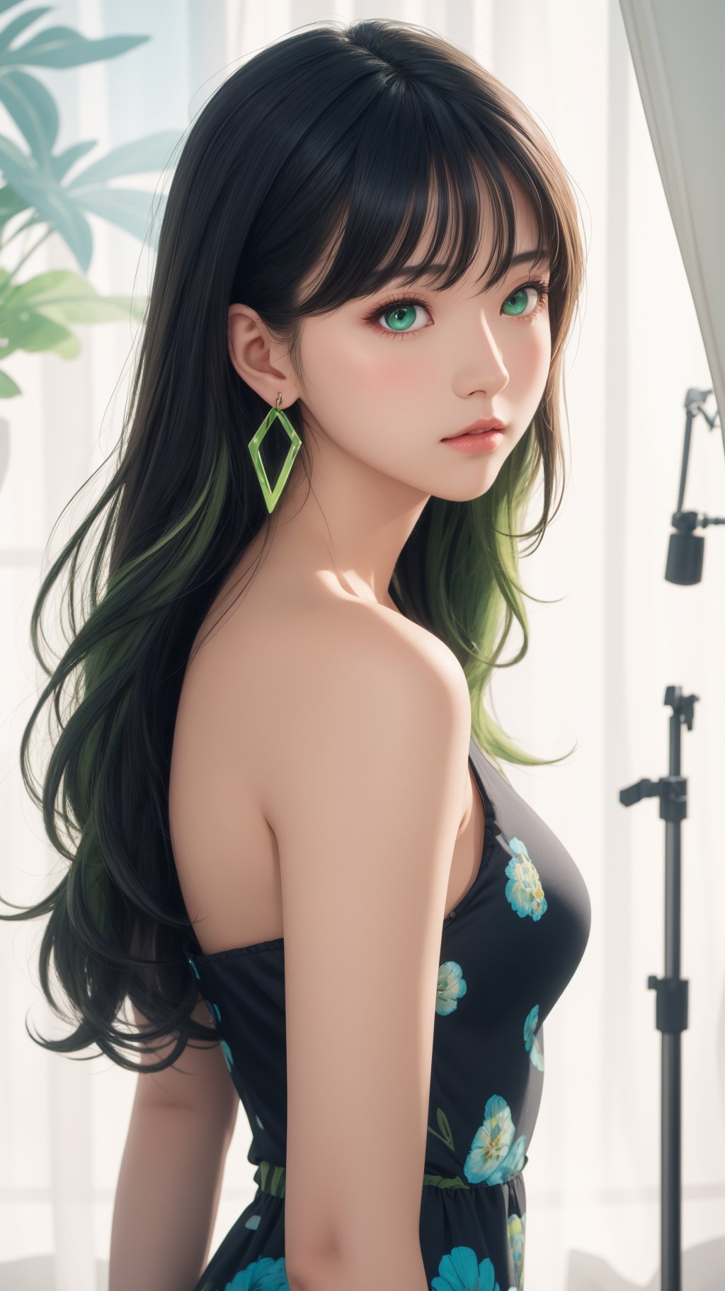 masterpiece, best quality, A beautiful girl with off-white long hair, white luminous eyes, green luminous earrings, and a black floral dress with blue and green patterns, masterpiece, studio light, professional, highres, best quality, HDR, shot from the side Light,